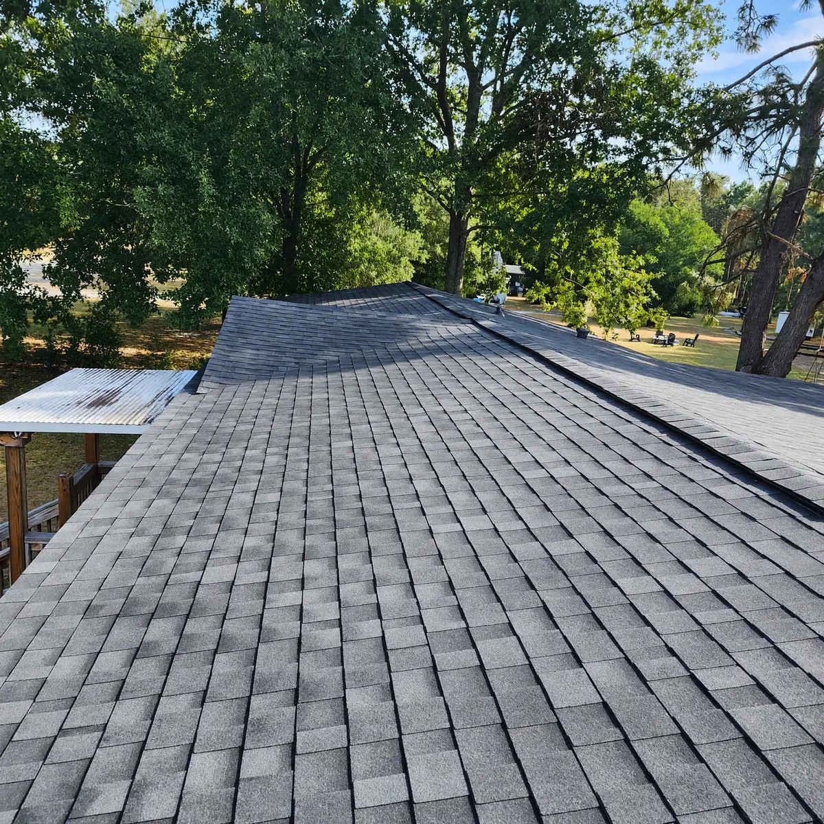 Finished architectural shingle roof photographed from the ridge