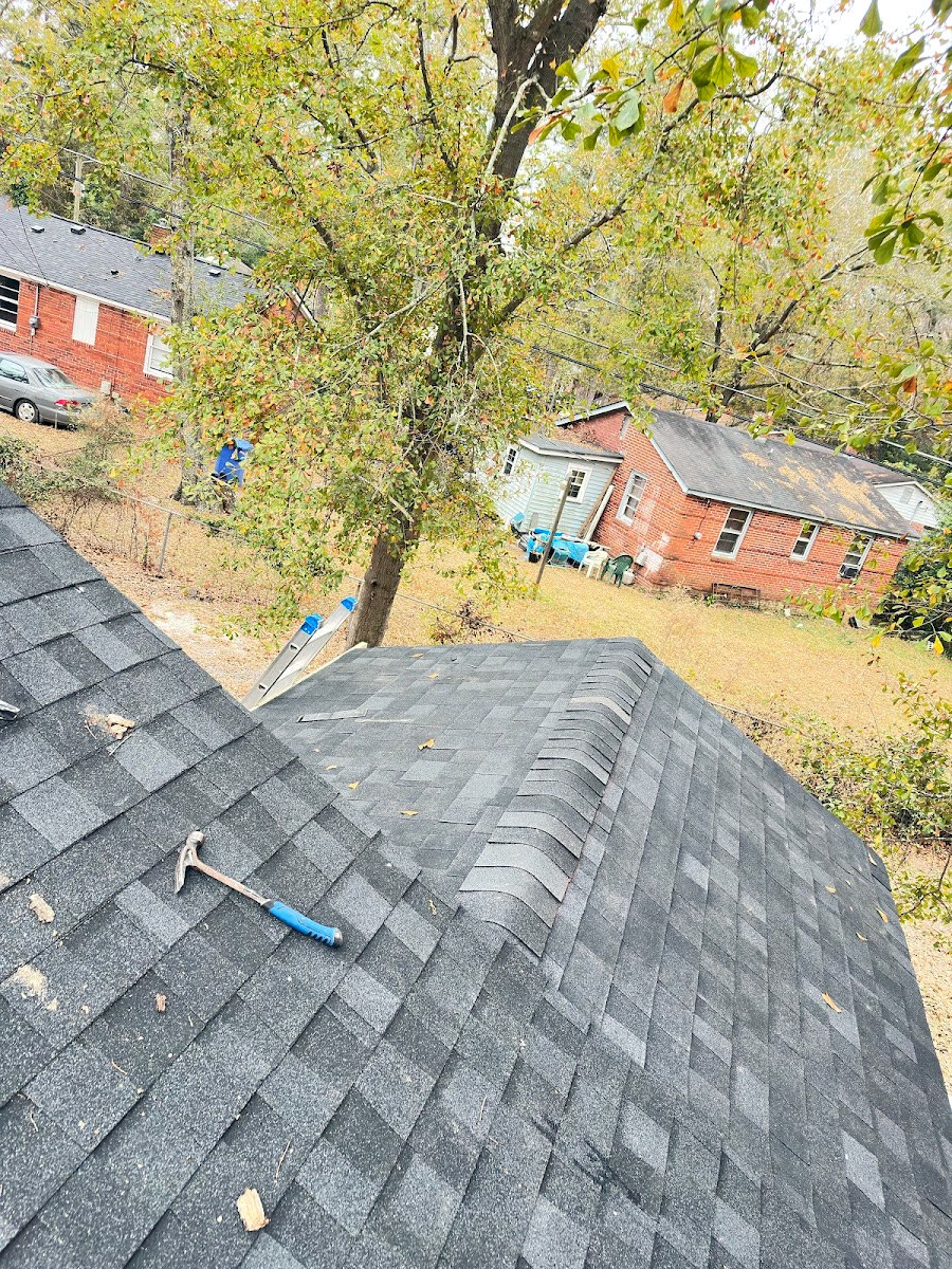 New architectural shingle roof photographed from the ridge, yard and trees below